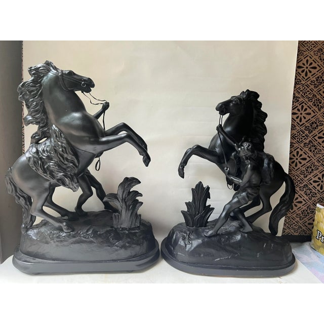 Art Deco Pair of Vintage Figural Statue of Man & Rearing Horse For Sale - Image 3 of 13