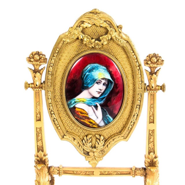 19th Century French Ormolu & Limoges Enamel Table Mirror by F. Bienvue For Sale - Image 3 of 12