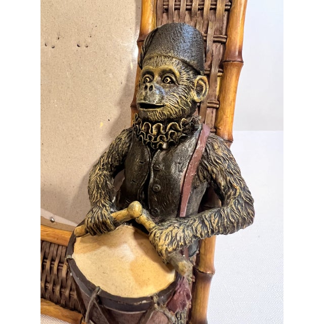 Late 20th Century Vintage Palm Beach Regency Bell Hop Monkey Playing Drummer Picture Frame With Faux Bamboo and Wicker Accents For Sale - Image 5 of 10