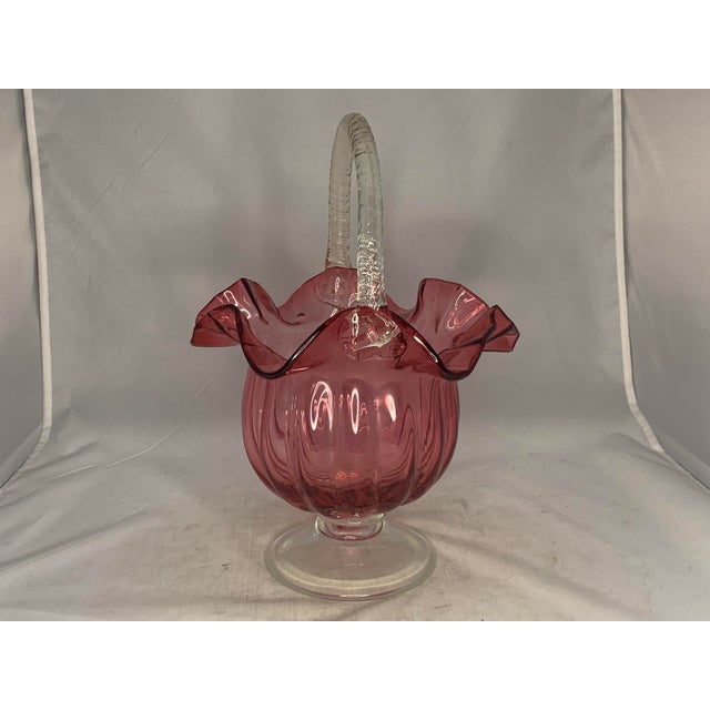 Glass 19th Century Victorian Cranberry Glass Basket: Ruffled Edge, Clear Handle, 13" Tall For Sale - Image 7 of 10