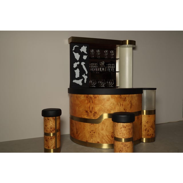 Italian Burl Wood Cocktail Bar with Illuminated Back and Stools, 1970s, Set of 3 For Sale - Image 11 of 18