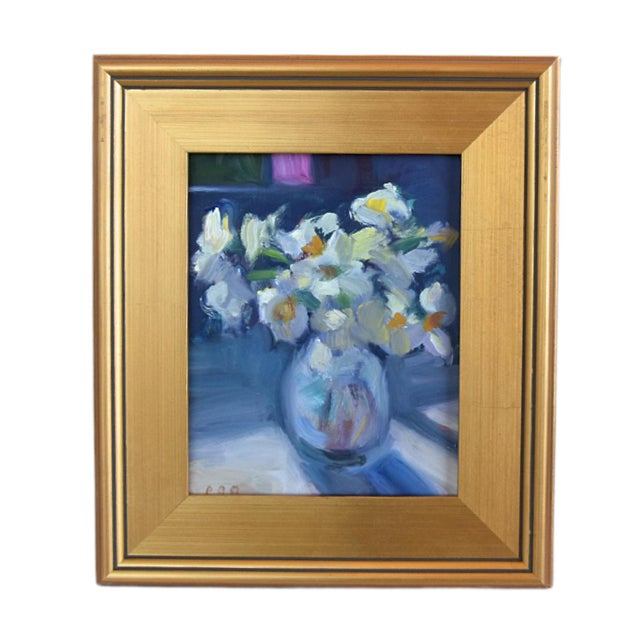 French Country Impressionist Floral Bouquet of Flowers Painting Including the Antiqued Wood Gold Frame For Sale - Image 3 of 6