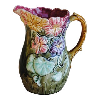 Late 19th Century Frie Onnaing Art Nouveau French Majolica Pitcher With Water Lilies For Sale