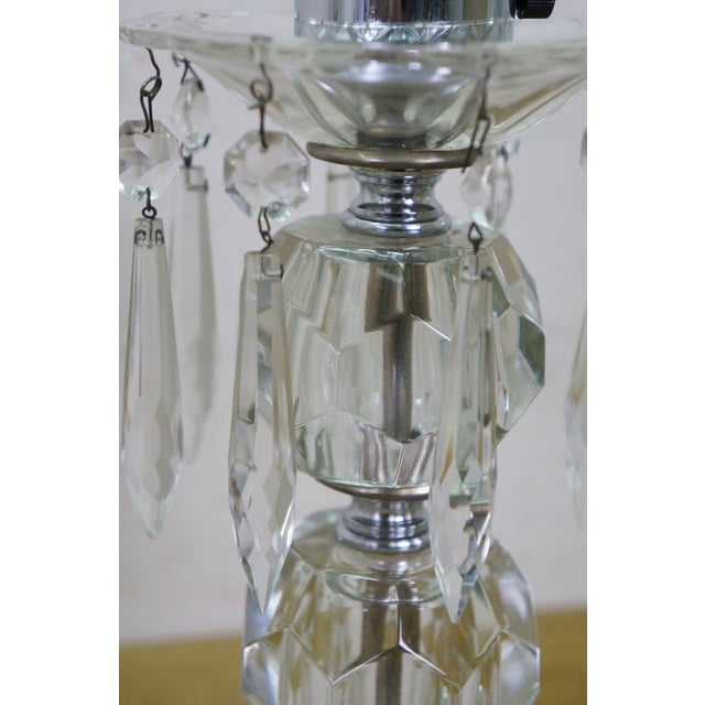 2 Mid Century Etched Glass Crystal Hurricane Candlestick Boudoir Lamps 20" For Sale - Image 14 of 18