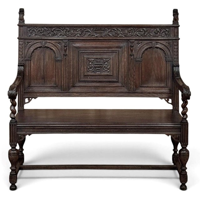 Renaissance A 19th Century Dutch Carved Oak Renaissance Revival Hall Bench For Sale - Image 3 of 18