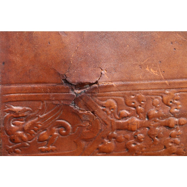 Early 20th Century Spanish Colonial Style Carved Wood and Tooled Leather Long Bench For Sale - Image 14 of 18