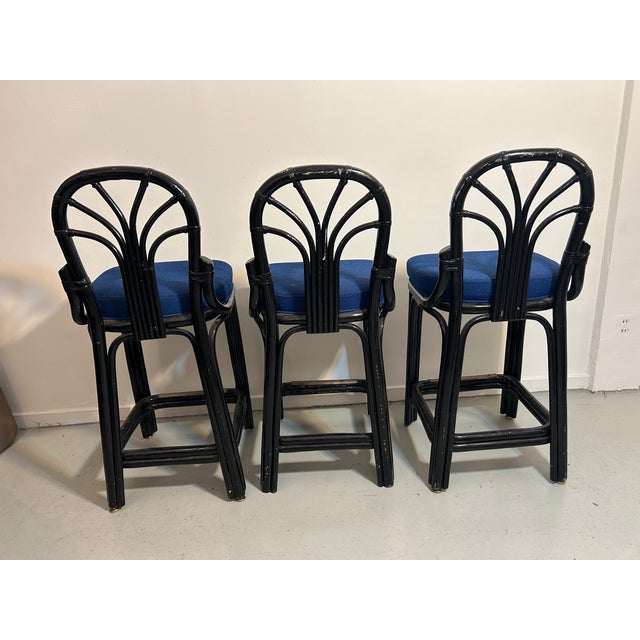 1970s Vintage Rattan Counter Stools Trio Blue Seats Fan Back For Sale - Image 12 of 12