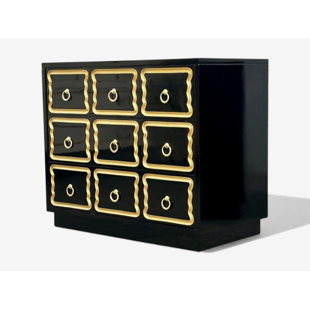 Dorothy Draper Style, Hollywood Regency, Black Lacquer, Gilt, Brass, Commodes, A Pair For Sale - Image 4 of 10