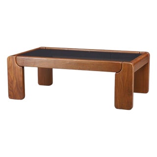 Modern Coffee Table in Elm and Smoked Glass attributed to Maison Regain, France, 1970s For Sale
