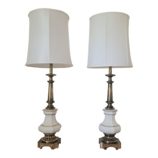 1960s Hollywood Regency Brass and Porcelain Stiffel Style Table Lamps With Shades For Sale