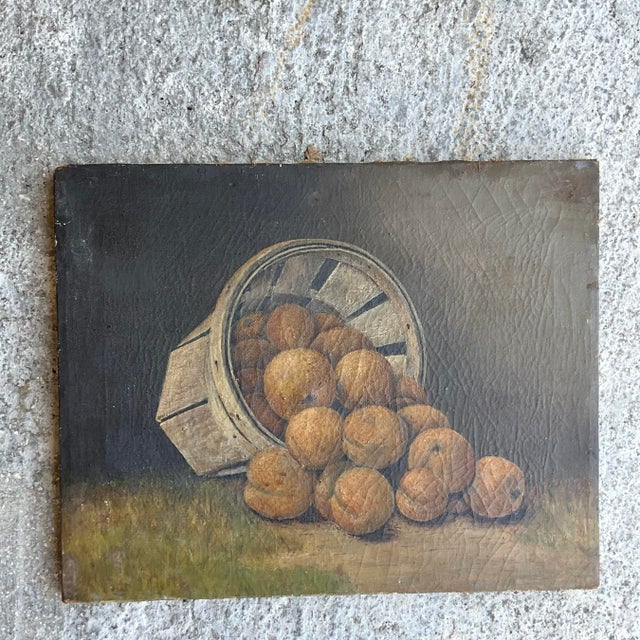 Peach Perfection: This Antique Original Oil on Canvas of Peaches captures the essence of American orchards with its vivid...