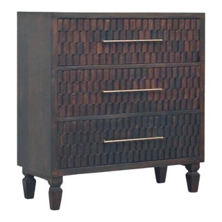Carved Mango Wood 3-Drawer Chest in Velvet Mocha For Sale