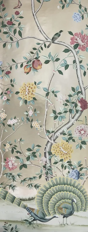 Peacock Chinoiserie Murals Hand Painted Wallpaper on Champagne Metallic 36"w X 92"h Panel