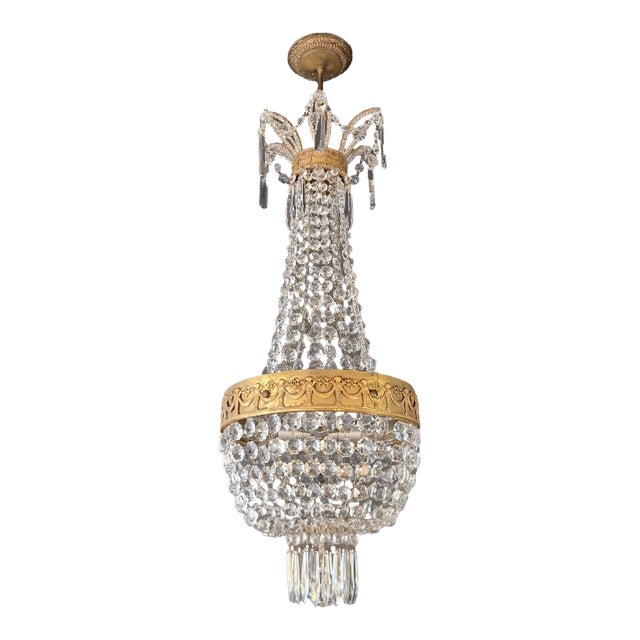 Empire Brass Chandelier Crystal Lustre Ceiling Light Antique Classical Art Deco For Sale