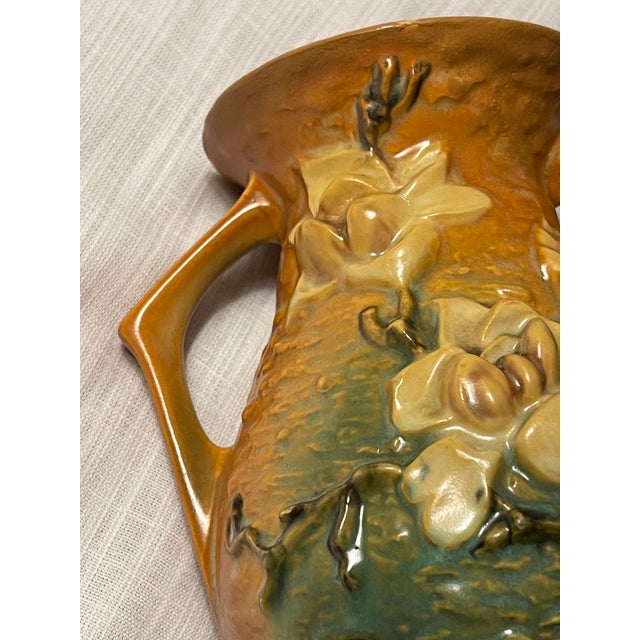 Roseville Pottery Vintage Roseville Double Handle Vase 3d Magnolia Brown White Green Pink #90-7" For Sale - Image 4 of 10