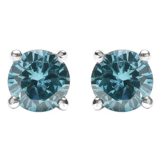 14K White Gold 1/2 Cttw Aqua Blue Diamond Screw-Back 4-Prong Classic Stud Earrings (Color Treated, I2-I3) For Sale