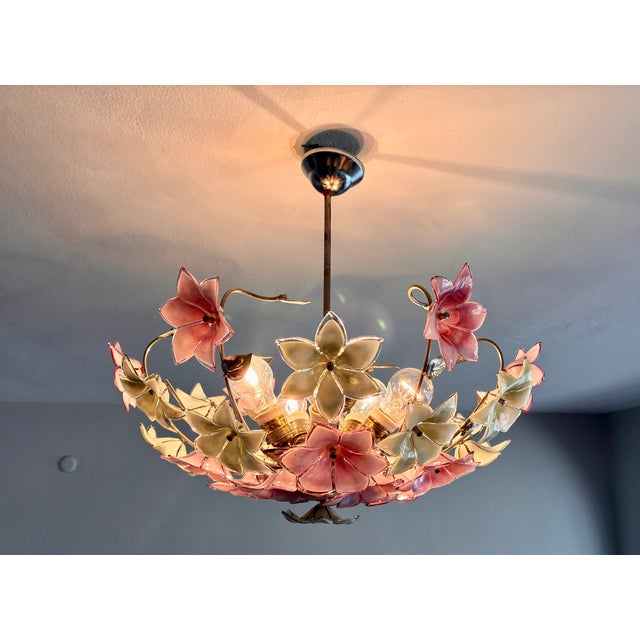 Vintage Italian Murano Style Botanical Flower Ceiling Light, Vintage Handblown Pink Green Glass Bouquet Chandelier, 5-Light Flush Mount For Sale - Image 9 of 17