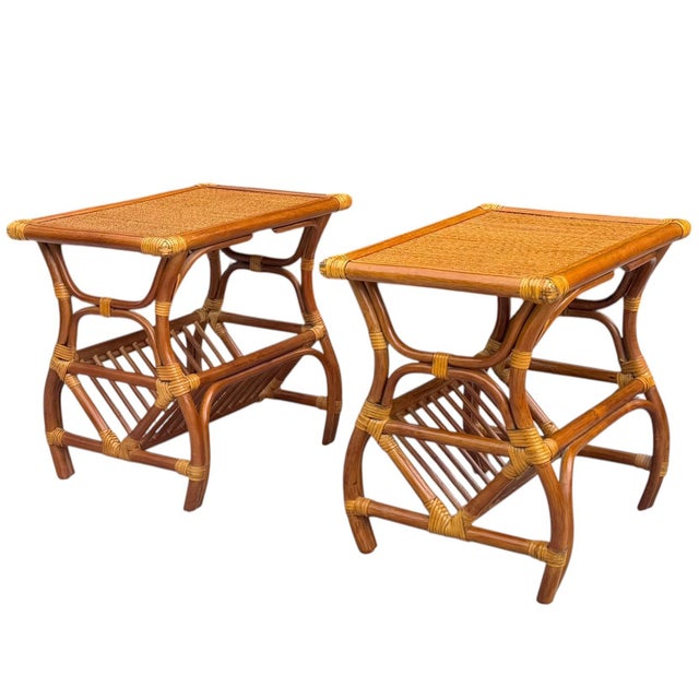 English Rattan End Tables With Magazine Racks - A Pair For Sale - Image 3 of 11