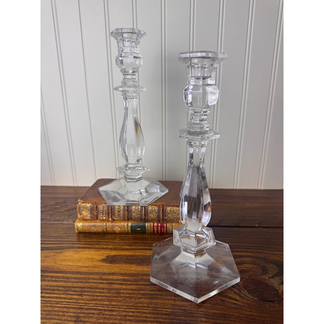 An elegant pair of vintage signed crystal candlesticks by Val Saint-Lambert, the renowned Belgian crystal manufacturer...