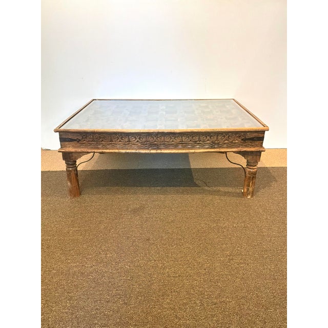 Antique Indian Wood & Iron Carved Door Cocktail Table. For Sale - Image 4 of 8