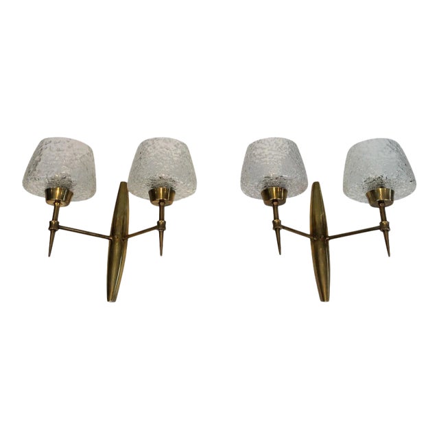 Bronze wall Sconces with Worked Glass Reflectors, Italian, circa 1960 - A Pair For Sale