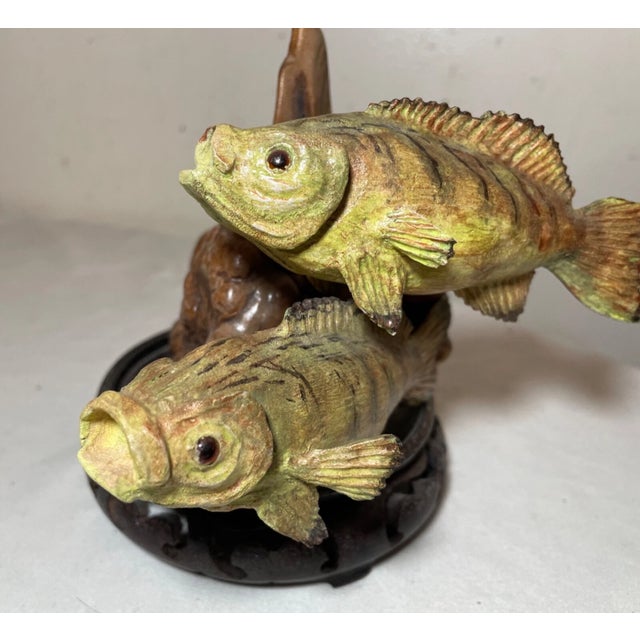 Green Vintage Hand Carved Painted Wood Burl Fish Two Bass Sculpture Statue Figure Art For Sale - Image 8 of 11