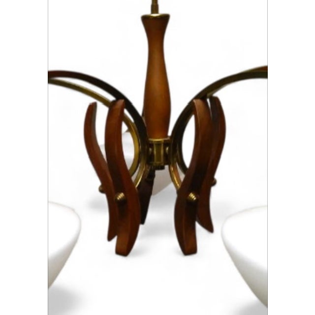 1940s Mid-Century Modern Chandelier With Teak, Brass, and Opaline Glass. For Sale - Image 4 of 7
