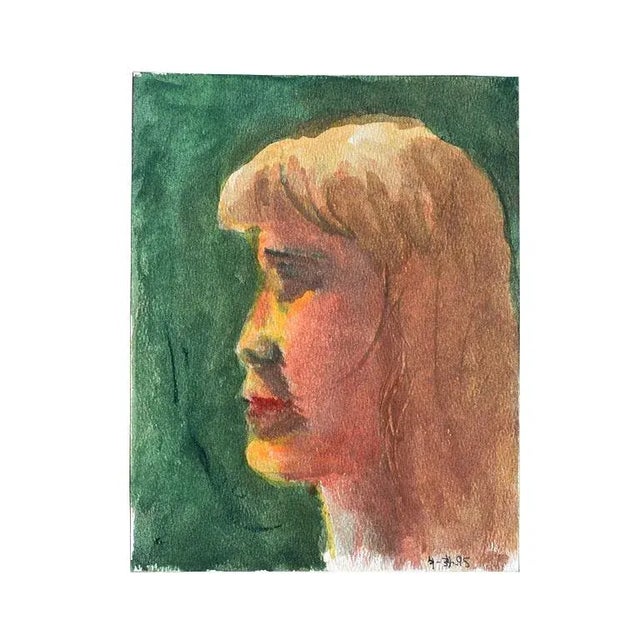Paper Small Profile Portrait Painting of a Blonde Girl on Green - 7” X 9” For Sale - Image 7 of 7