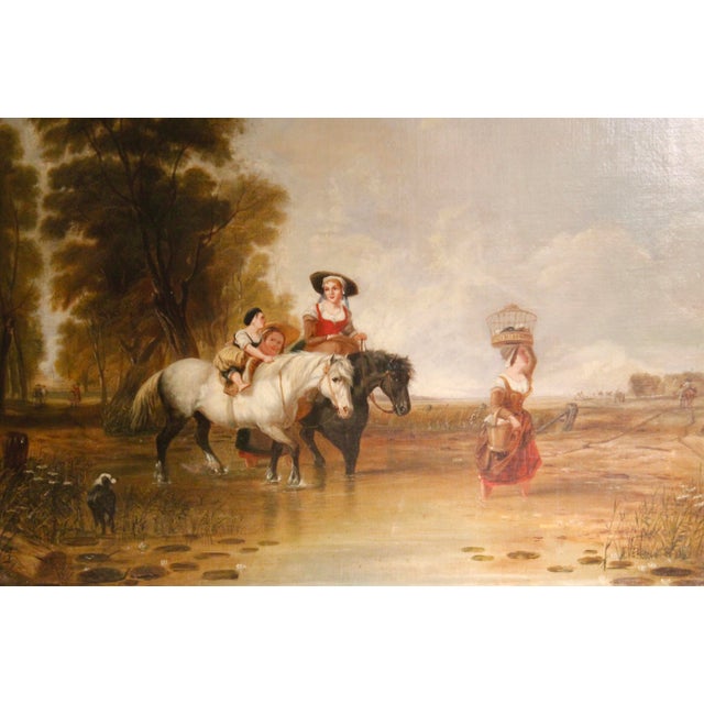A fine oil on canvas genre scene depicting a group of women and a child, two astride beautifully painted horses, crossing...