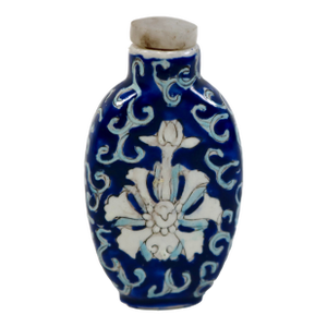 Antique Blue & White Enamel Lotus Flower Chinese Snuff Bottle With Stone Stopper
