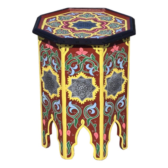 Burgundy Moroccan Hand-Painted Accent Table For Sale