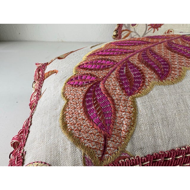 Transitional Vibrant Botanical Tasseled Brocade Linen Lumbar Pillows/a Pair For Sale - Image 3 of 11