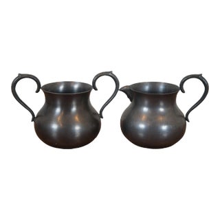 Antique English Colonial Pewter Creamer Pitcher & Sugar Bowl Serving Set- 2 Pieces For Sale