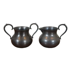 Antique English Colonial Pewter Creamer Pitcher & Sugar Bowl Serving Set- 2 Pieces