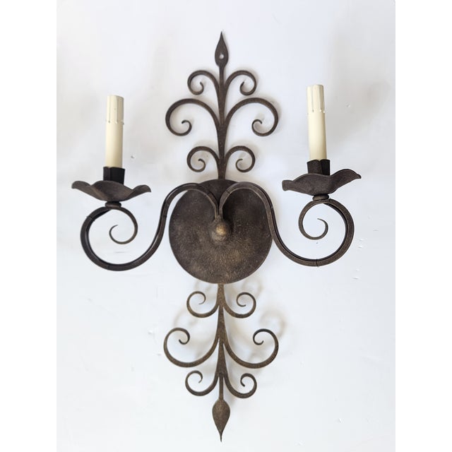 Spanish Revival Vintage Wrought Iron Wall Sconces-a Pair For Sale - Image 3 of 12