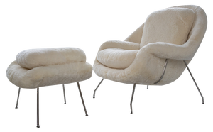 Set of Womb Chair and Ottoman in Fluffy White Fabric by Eero Saarinen, 1948