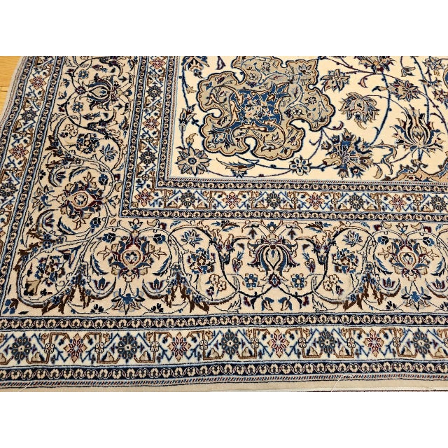 Vintage Exceptionally Fine Persian Nain Area Rug, Hand-Knotted Wool & Silk, Floral Pattern, 7x11, Ivory & Blue For Sale - Image 4 of 18