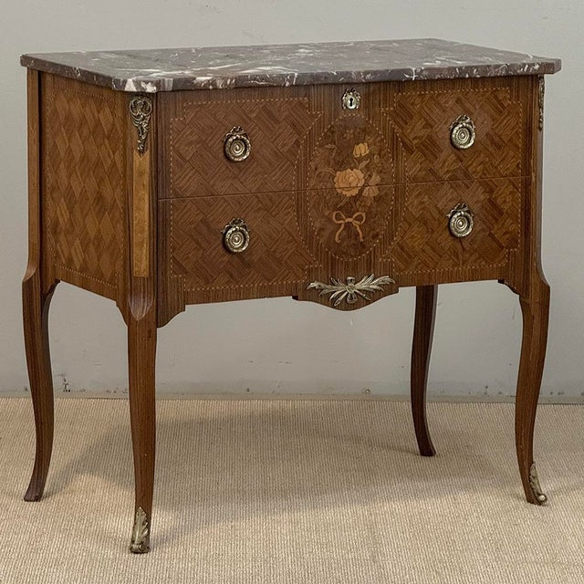 Antique French Louis XVI Style Marquetry Marble Top Commode For Sale - Image 4 of 18
