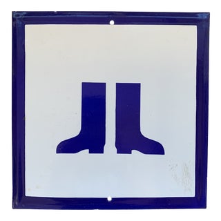 Vintage Blue and White Enamel Sign For Sale