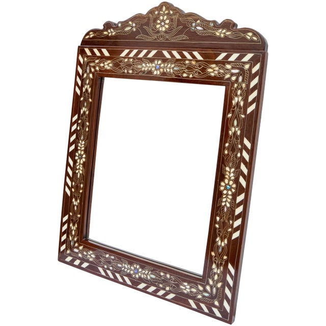 Moroccan Vintage Handmade Floral-Patterned Mirror With Mother-of-Pearl & Brass Inlay For Sale - Image 3 of 6