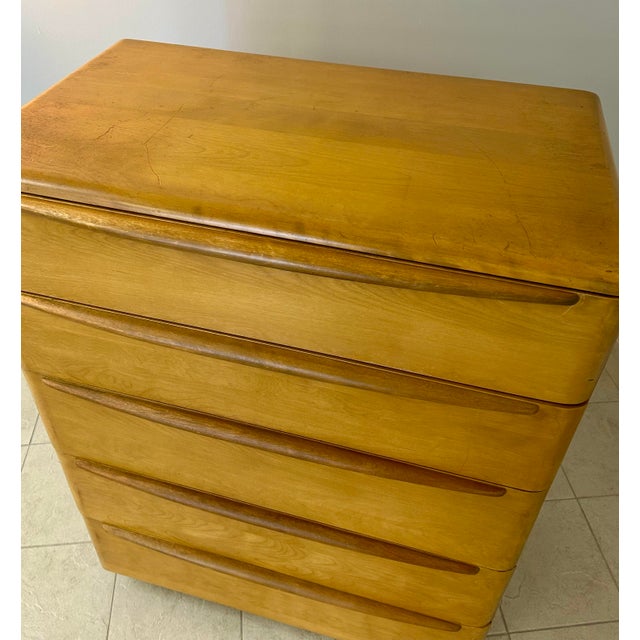 Blonde mahogany five drawer MCM tall chest by Heywood Wakefield Furniture. Stylish, sturdy and in very good vintage...