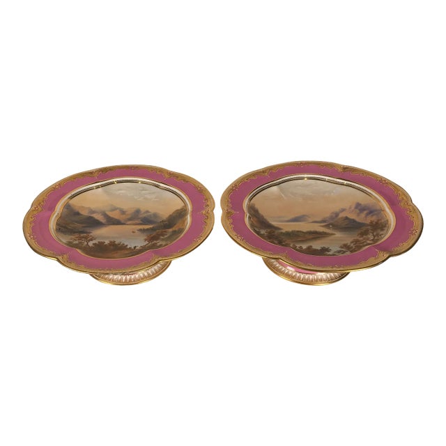 Pair of 19th Century Antique English Hand Painted Porcelain Compotes For Sale