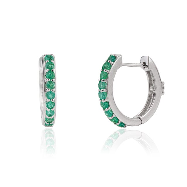 Metal VRJewels Round Cut Emerald & Diamond Transitional Hoop Earrings in 18k Gold- A Pair For Sale - Image 7 of 17