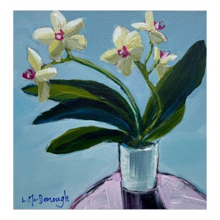 “Phalenopsis on a Pink Table” Original Botanical Still Life Painting by Linda McDonough For Sale