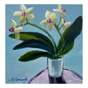 “Phalenopsis on a Pink Table” Original Botanical Still Life Painting by Linda McDonough