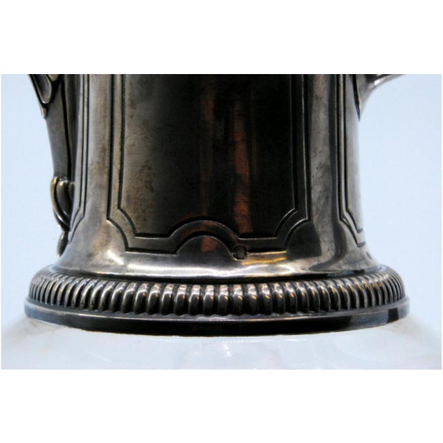 Wine Jug in Cut Glass and Silver Embossed on the Lid with Knob and Rim, Raised Handle and Coats of Arms, in Very Good...