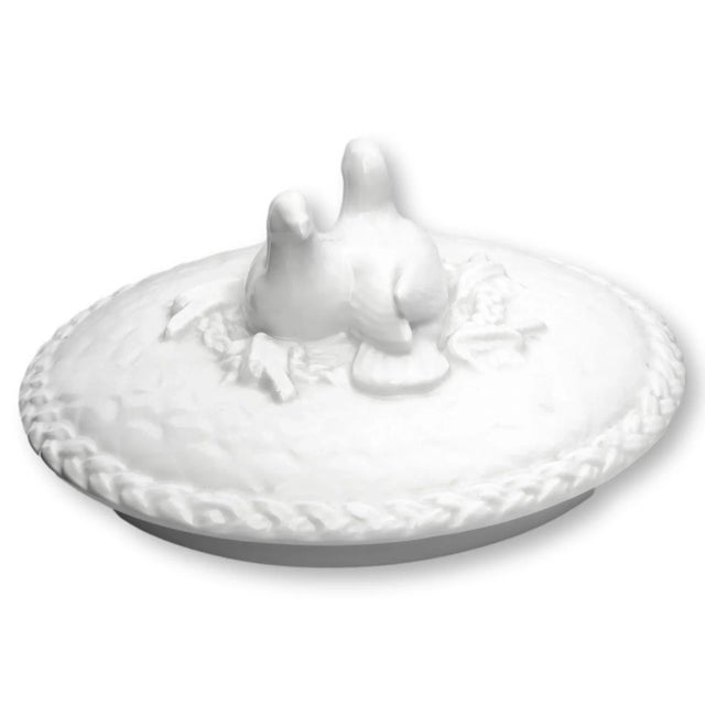 Vintage Royal Worcester heavy porcelain baking dish with lid. Embellished with basketweave and lovebirds. Maker's mark on...