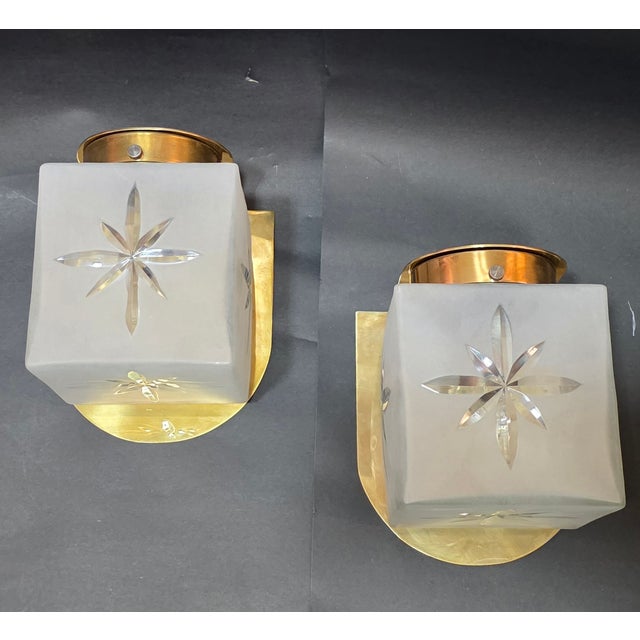 Art Deco Vintage Art Deco Light Old Lamp Wall Sconces Fixture Brass & Star Frosted Cube Glass Shade Lamp Ship Light - a Pair For Sale - Image 3 of 5