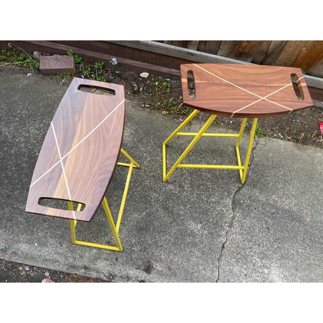 Wood Tronk Design Robert Walnut Yellow Dining Stools - a Pair For Sale - Image 7 of 8