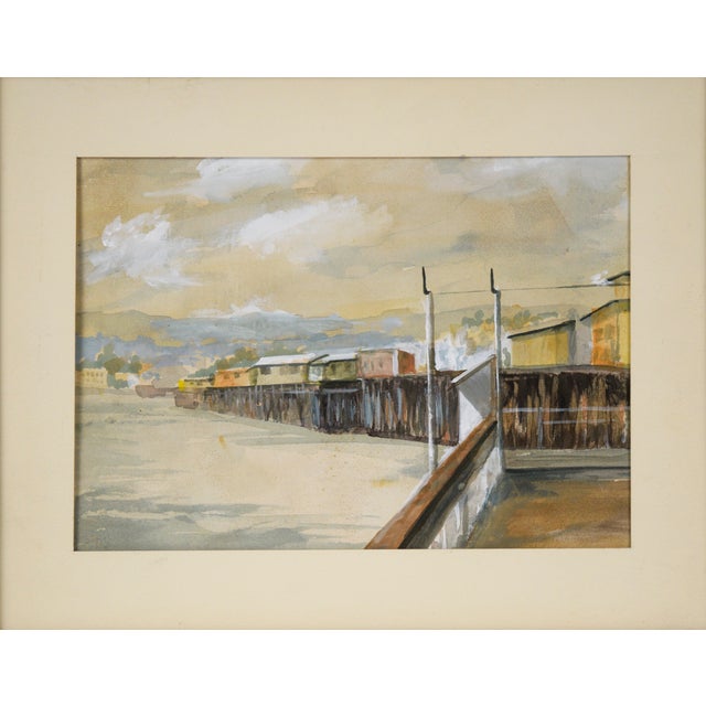 Beautiful watercolor painting depicting a side view of the Santa Cruz Wharf by Beth Teall Wilkins (American, 1906-1992)....